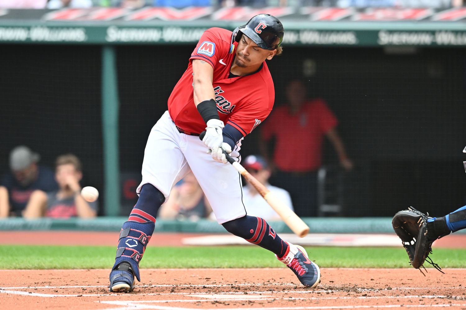 Jul 8, 2023; Cleveland, Ohio, USA; Cleveland Guardians designated hitter Josh Naylor (22) hits an RBI single during the first inning against the Kansas City Royals at Progressive Field. Mandatory Credit: Ken Blaze-USA TODAY Sports